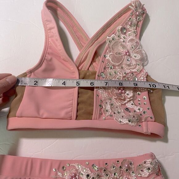 AA dance design custom solo costume pink rhinestone 2 piece set LC child - Picture 6 of 10